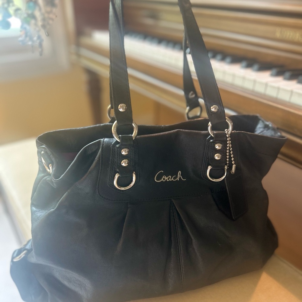 Coach Black Leather Shoulder Bag with Metallic Accents
